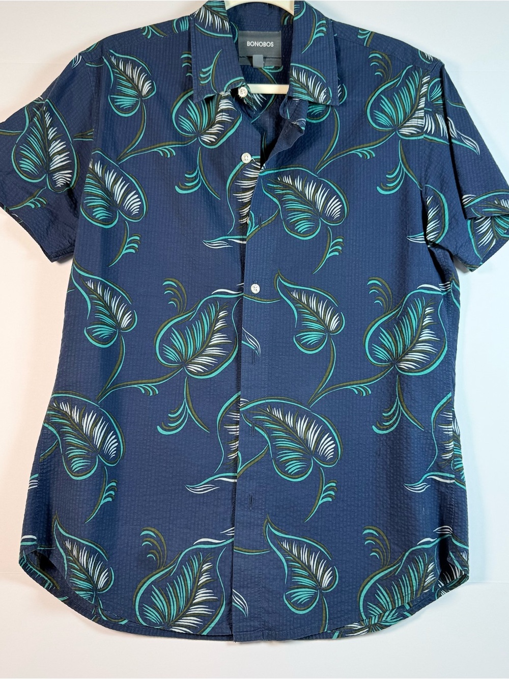 Bonobos Men’s Small Slim Fit Navy Tropical Print Short Sleeve Shirt